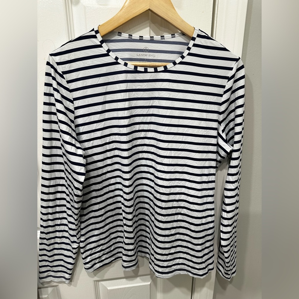Lands' End Navy and White Striped Top
